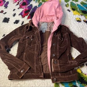 Vintage zip up brown pink suede jacket with hoodie